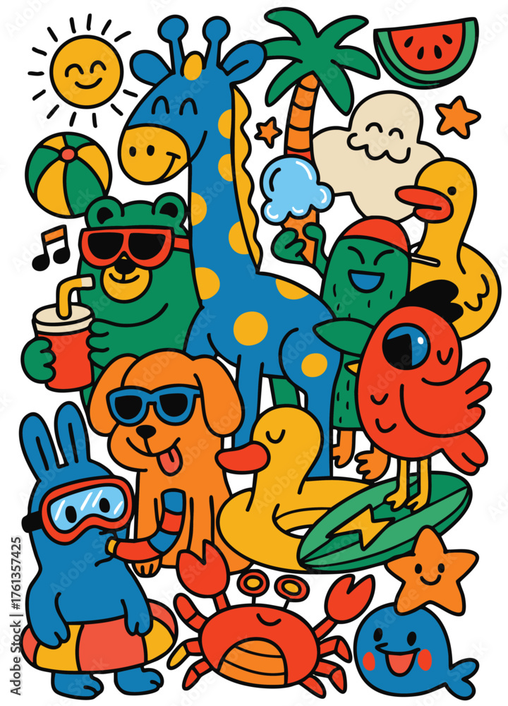 Naklejka premium Summer animal cartoon giraffe bear dog duck parrot beach happy colorful playful
