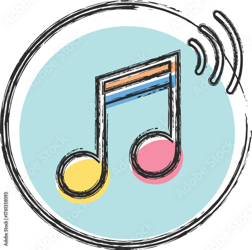 Vibrant Musical Note Icon Expressing Audio Streaming with a Grunge Circular Border on Teal Backdrop, Ideal for Music Education and Creative Entertainment Industries, with Modern Acoustic Wave Design,