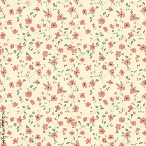 A seamless repeating pattern of delicate small pink flowers with green leaves and stems on a light cream background.