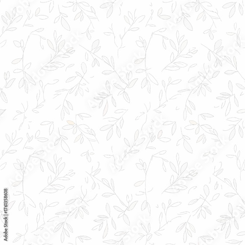 Subtle white botanical pattern with delicate leaves and vines, creating a soft, organic texture.