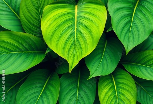 Large, vibrant green tropical leaves with intricate vein details, arranged in a repeating pattern,   illustration,   decor