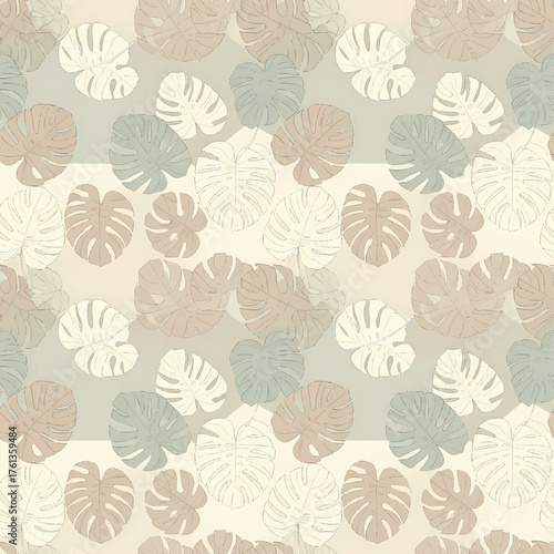 A repeating pattern featuring various monstera leaves in muted tones, creating a subtle, elegant design.