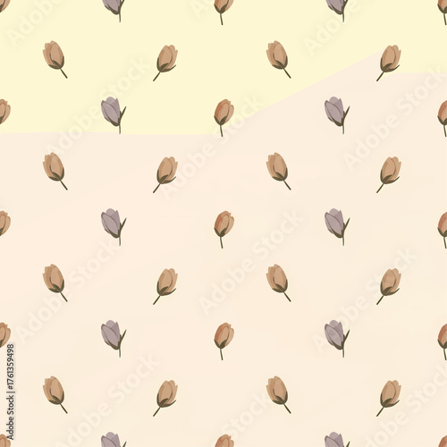A delicate seamless pattern featuring small, stylized flower buds in muted brown and purple tones on a soft cream background, creating a gentle and repetitive design.