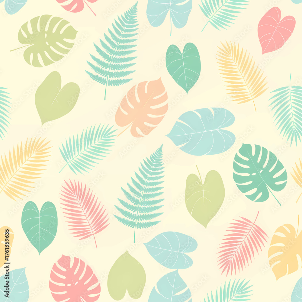 Obraz premium A colorful, seamless pattern featuring various tropical leaves in pastel shades on a light background.