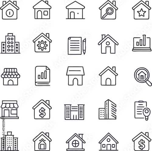 Real Estate Icons: A collection of various real estate icons, including house, building, shop and searching tools.