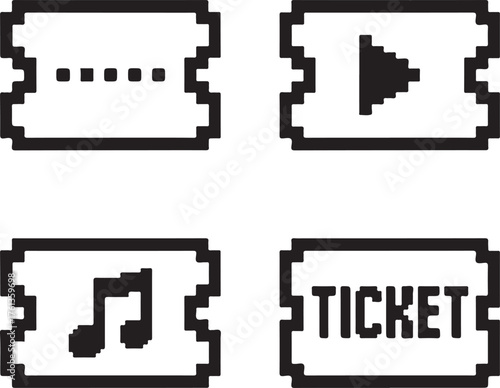 Isolated Ticket Black Pixel Vector Icon Set, Pexels style event ticket movie concert admission icon, ticket black pixel vector minimal retro 8 bit design perfect for entertainment and event promotion