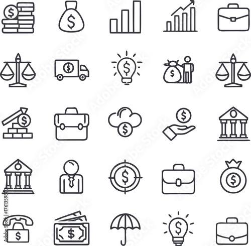 Financial Icon Collection: A set of detailed linear icons that represent the broad scope of finance and economic elements, showcasing investment, security, and market growth.