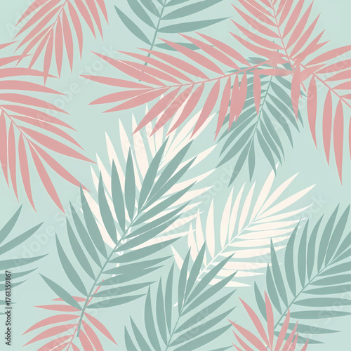 A seamless pattern of pink, teal, and white tropical palm leaves on a mint green background.
