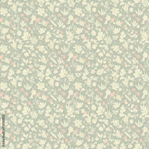 A seamless botanical pattern with stylized leaves and flowers on a sage green background.