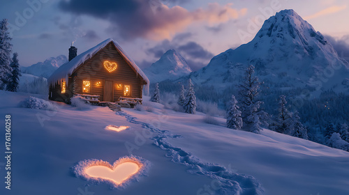 Cozy cabin in snowy mountains