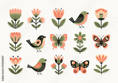 Vector illustration of cute folk art style birds, butterflies, and flowers in pastel colors