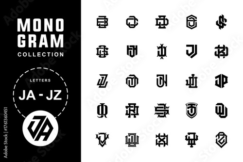 Monogram collection letter JA until JZ with interlock, recline, modern, vintage, classic style good for brand, clothing, apparel, streetwear, baseball, basketball, football and etc