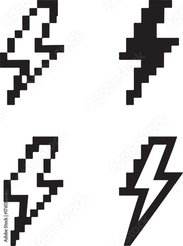 Isolated Lightning Black Pixel Vector Icon Set, Pexels style thunder bolt power energy flash icon, lightning black pixel vector retro 8 bit minimal design ideal for speed, electric and weather themes