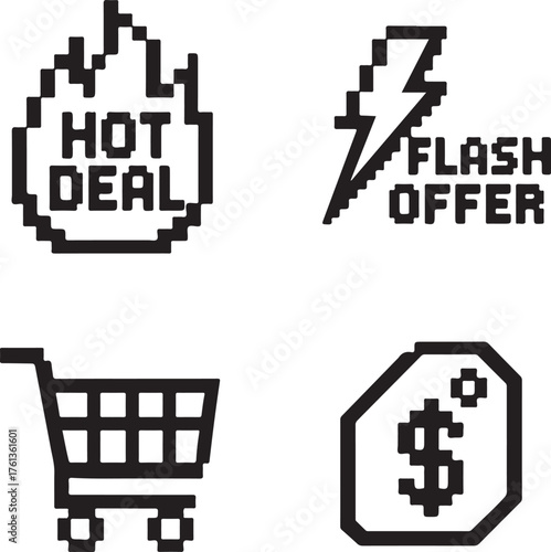 Isolated HotDeal Black Pixel Vector Icon Set, Pexels style fire sale flash offer shopping icon, hot deal black pixel vector retro 8 bit design made for marketing and ads