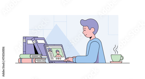 Professional working remotely from a home office, participating in a virtual meeting or online class, leveraging technology for collaborative communication and distance learning