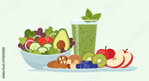 Vibrant assortment of fresh, healthy ingredients with a crisp salad, nourishing green smoothie, and a variety of fruits and nuts, promoting a balanced diet and optimal nutrition