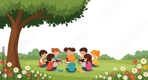 Diverse group of cheerful children enjoying an outdoor reading session under a large shade tree, fostering imagination, promoting early literacy, and cultivating a love for learning