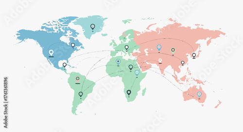Global Network Connecting Continents and Countries Worldwide, a World Map with Locations