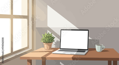 Peaceful home office illustration with a blank screen laptop, coffee, and plant in warm sunlight