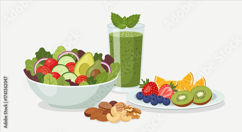 Nutritious Delights A Refreshing Salad, Smoothie, and Fruit Platter