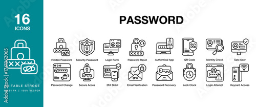 Password icon set. Includes password, security, login, access, account, credential and More. Editable Stroke Icon Collection.