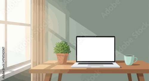 Laptop workstation setup with a plant and a coffee cup, perfect for remote work or studying