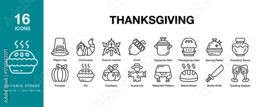 Thanksgiving icon set. Includes thanksgiving, holiday, feast, dinner, turkey and More. Editable Stroke Icon Collection.