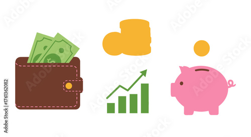 Financial Growth Wallet, Coins, Piggy Bank and Bar Chart for Money Savings