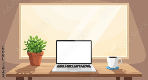 Cozy Workspace Laptop, Coffee, and Plant on a Desk by the Window, blending technology with nature