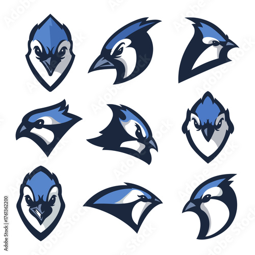 Collection of fierce blue jay bird head mascots, a vector illustration set for sports team logo design and emblems 
