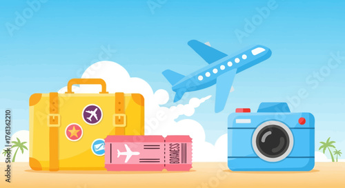 Embark on your dream adventure with essential travel and vacation planning elements, featuring a suitcase, airplane tickets, camera, and a flying plane against a scenic sky backdrop