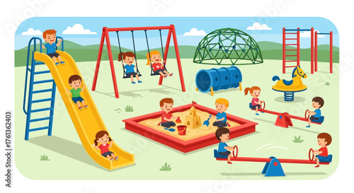 Children enjoying various activities in a vibrant and engaging playground setting, promoting outdoor fun and active play