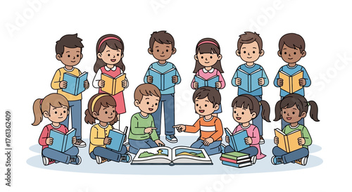 Diverse group of young children sitting together on the floor, enthusiastically reading books during story time
