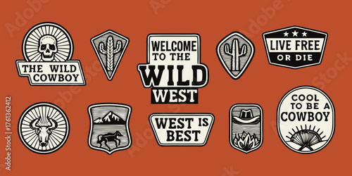 Collection of vintage wild west cowboy badges and emblems with western graphics and sayings