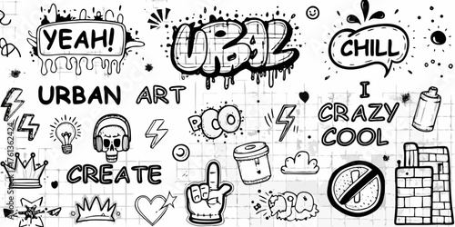 Collection of hand drawn urban art graffiti elements and doodles with inspirational words and symbols