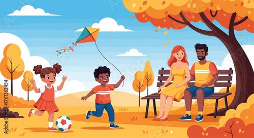 Family Enjoying Autumn A Diverse Family Outing in the Park with Playful Kite Flying and Relaxing Outdoors