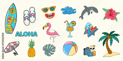 Collection of fun cartoon summer vacation icons including a surfboard flamingo pineapple and beach ball
