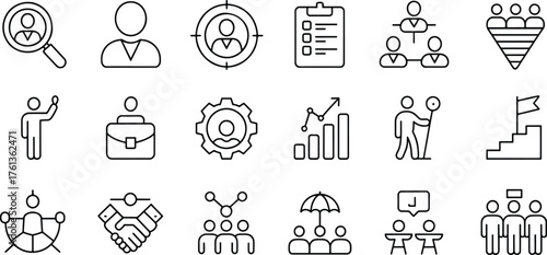Business and Human Resources Pictogram Collection Featuring Teamwork Goals and Recruitment Concepts