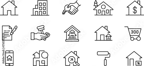 Real Estate Icons Set Depicting Home Buying Selling and Property Management Services Vector Illustration