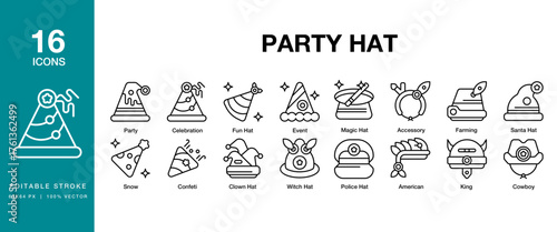 Party Hat icon set. Includes party, hat, birthday, celebration, festive, cone and More. Editable Stroke Icon Collection.