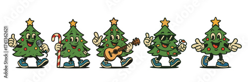 Retro style festive christmas tree vintage mascot character collection