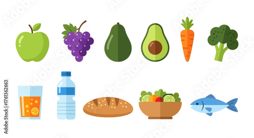 A colorful collection of nutritious food and drink icons representing a balanced diet and a healthy lifestyle