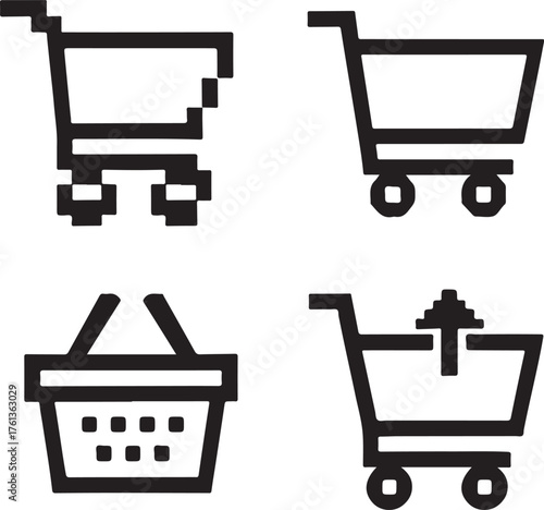 Isolated Shopping Cart Black Pixel Vector Icon Set, Pexels style trolley cart basket store buy icon, shopping cart black pixel vector minimal retro 8 bit design perfect for ecommerce and retail store