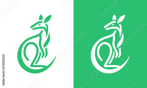 Stylized green kangaroo illustration with abstract brush strokes on white and green backgrounds
