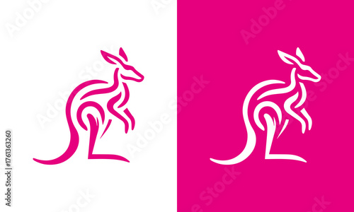 Stylized abstract kangaroo silhouette with pink stripes on white and pink backgrounds