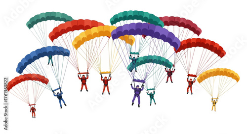 Colorful Parachutists Soaring Through the Sky A Diverse Group of Skydivers in Action