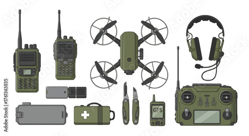 A comprehensive set of modern military equipment including a tactical drone, walkie-talkies, headset, and survival gear vector illustration
