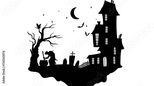 Dark silhouette vector illustration of a haunted castle and church under a spooky Halloween night sky