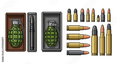 Military weapons set Grenades and various bullets - pixel art illustration for design