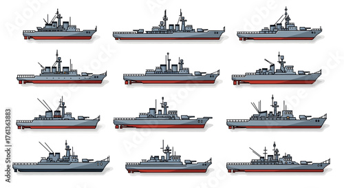 Illustrative Assortment of Battleships and Naval Vessels in a Row, Nautical Iconography